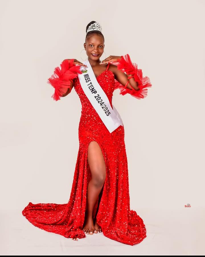 Leah Akoth Ochieng as Miss The Eldoret National Polytechnic 2024/25, wearing a crown and a Miss TENP 2024/2025 sash over a red sequinned gown.